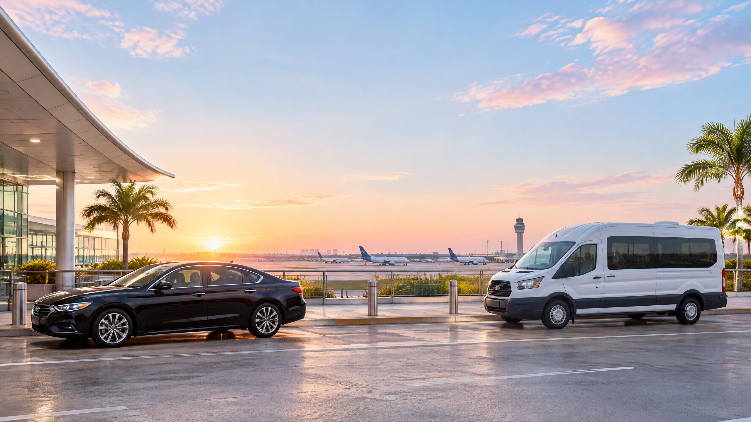 Private sedan and airport shuttle van outside a Florida airport terminal